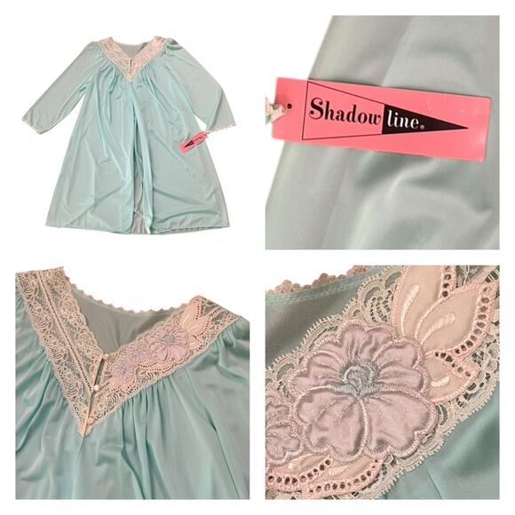 Vintage Deadstock Aqua Nylon Embroidered Lace Nightgown NWT / size M/L - - Picture 3 of 5